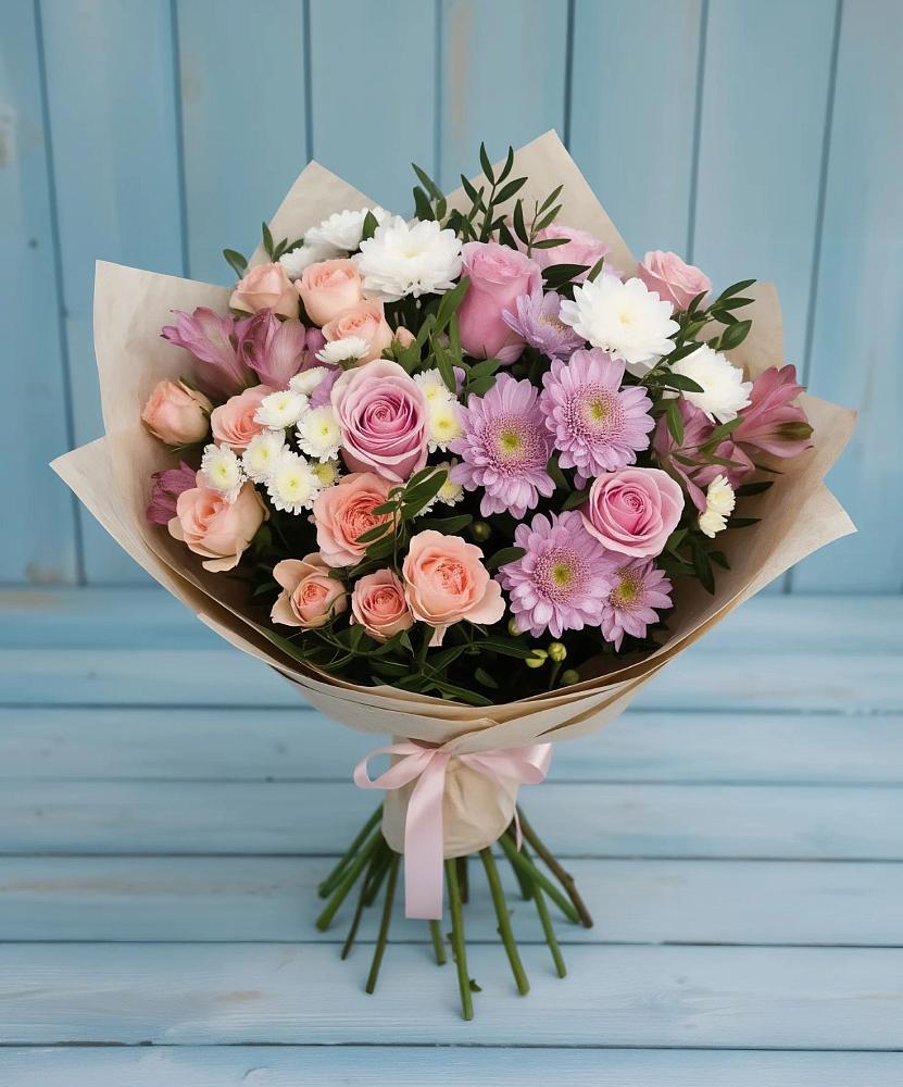 Букет цветов из: Хризантемы, Розы и Альстромерии в Чемал