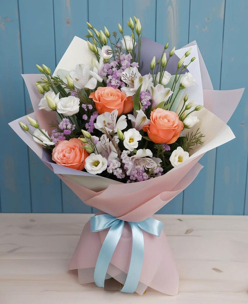 Букет цветов из: Лизиантусы, Розы, Альстромерии и Гипсофила в Чемал