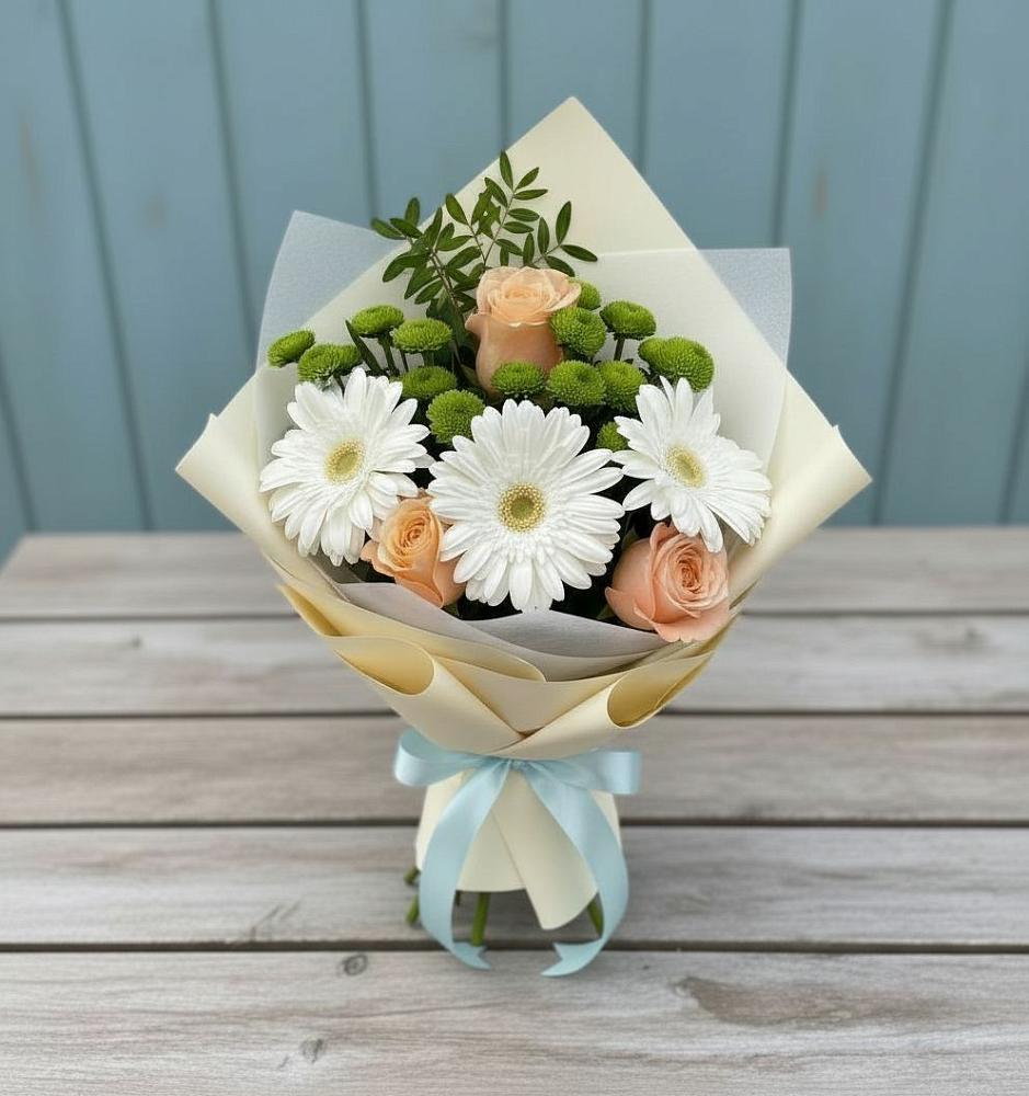 Букет цветов из: Герберы, Розы и Хризантемы в Чемал